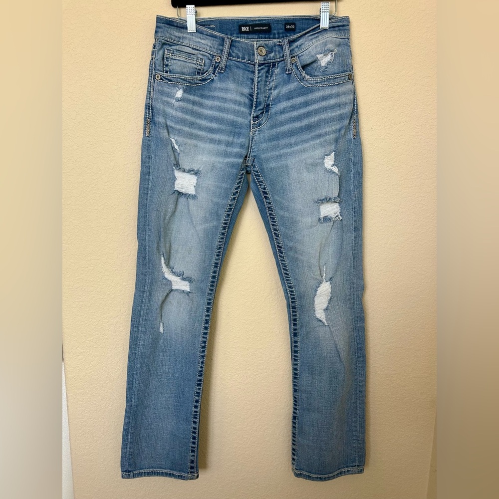 BKE Jake Straight Womens Blue Denim Jeans Distressed Trashed Sz 29x32